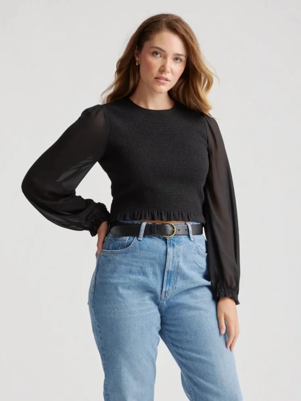 Quince Black Smocked Bodice Blouse with Sheer Puff Sleeves